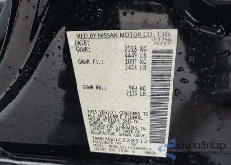 2020 Nissan Altima Sr Intelligent Awd z USA, uszkodzony, nr VIN 1N4BL4CW3LC228512